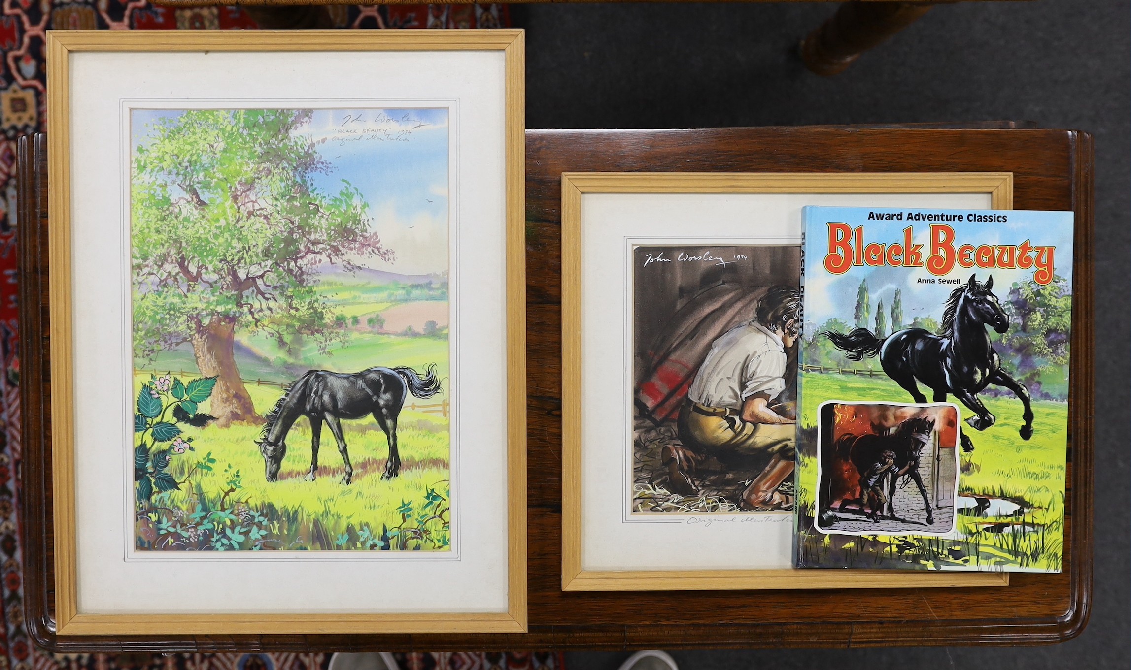 John Worsley, two original illustrations for Black Beauty, both inscribed dated, together with a Black Beauty book
